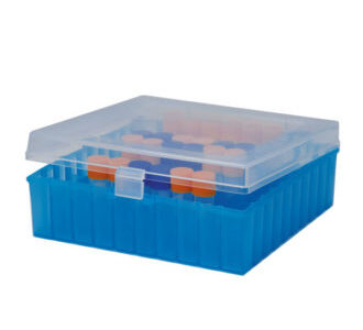 Scatola per congelamento per criotubi e flaconi con coperchio a cerniera dim.mm 50x140x140 neutro/blu a 100 posti - FBXP-K04-001