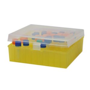 Scatola per congelamento per criotubi e flaconi con coperchio a cerniera dim.mm 50x140x140 neutro/giallo a 100 posti - FBXP-K03-001