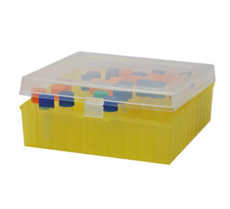 Scatola per congelamento per criotubi e flaconi con coperchio a cerniera dim.mm 50x140x140 neutro/giallo a 100 posti - FBXP-K03-001