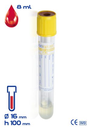 Provetta con gel separatore + attivatore di coagulazione Ø mm 16x100 ml 10 tappo giallo sterile cf. 800 - 30033