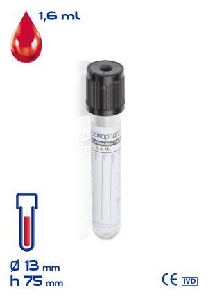 Provetta con sodio citrato 3,8% per VES Ø mm 13x 75 ml 1,6 tappo azzurro nero cf.1200 - 30300