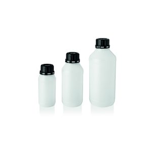 Bottiglia non graduata cilindrica in HDPE collo stretto con tappo a sigillo nero ml  250 cf.100 pz. - 11201