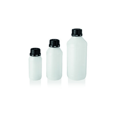 Bottiglia non graduata cilindrica in HDPE collo stretto con tappo a sigillo nero ml  250 cf.100 pz. - 11201